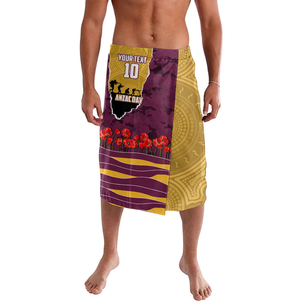 Personalized Brisbane Broncos ANZAC Tribute Lavalava Poppy Field Soldier Silhouette Aboriginal Rugby Mascot