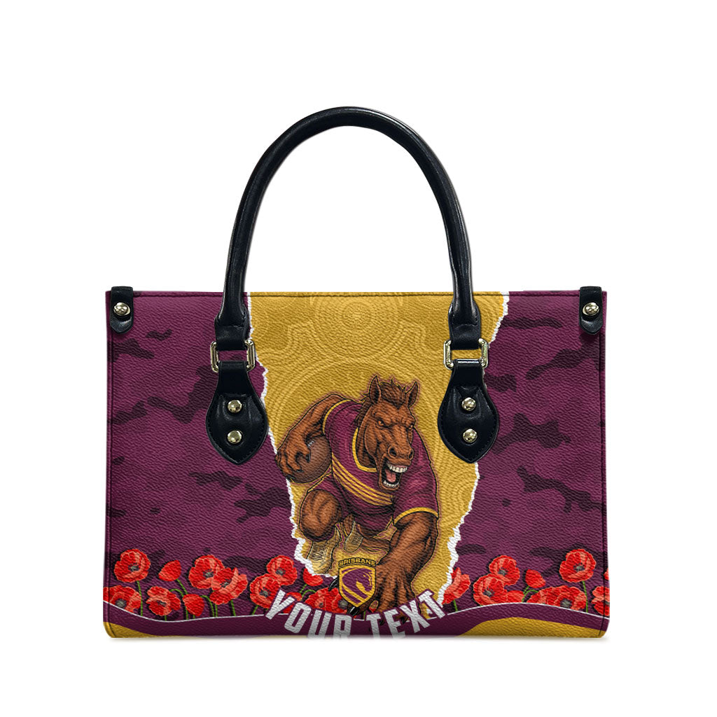 Personalized Brisbane Broncos ANZAC Tribute Leather Bag Poppy Field Soldier Silhouette Aboriginal Rugby Mascot