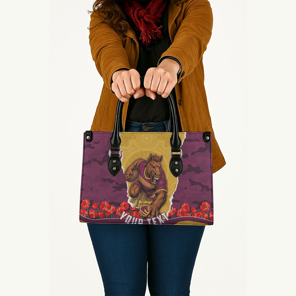 Personalized Brisbane Broncos ANZAC Tribute Leather Bag Poppy Field Soldier Silhouette Aboriginal Rugby Mascot