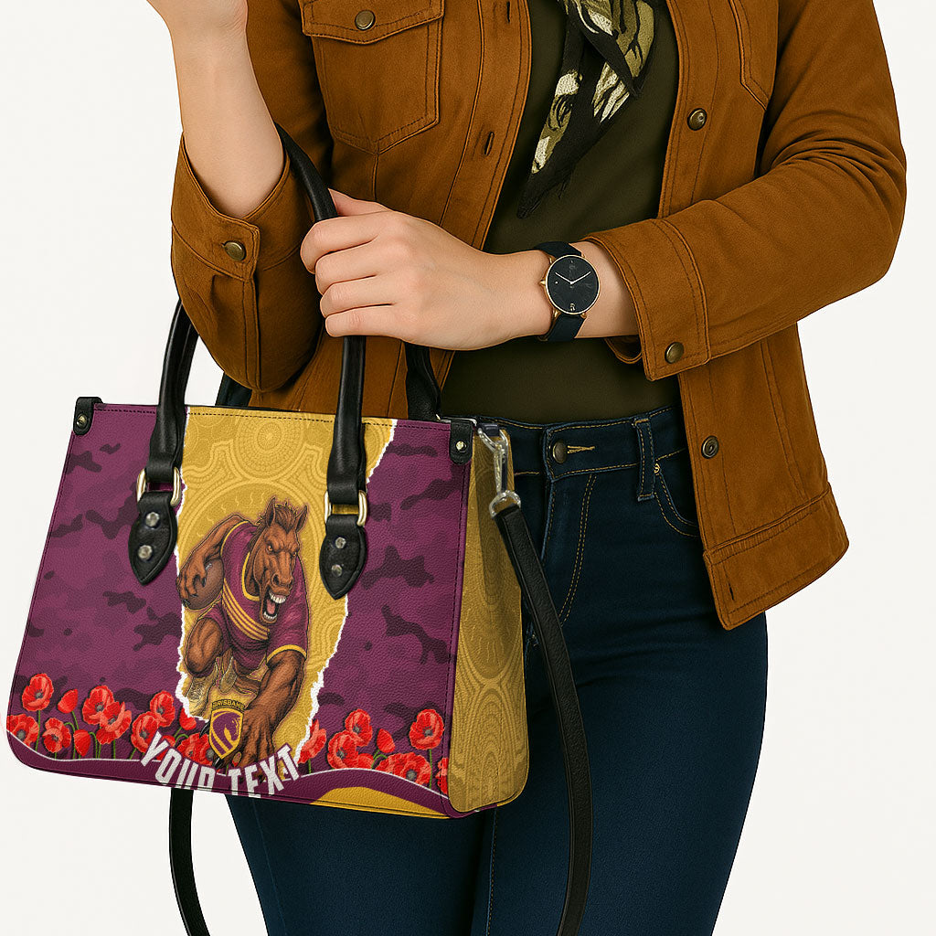 Personalized Brisbane Broncos ANZAC Tribute Leather Bag Poppy Field Soldier Silhouette Aboriginal Rugby Mascot