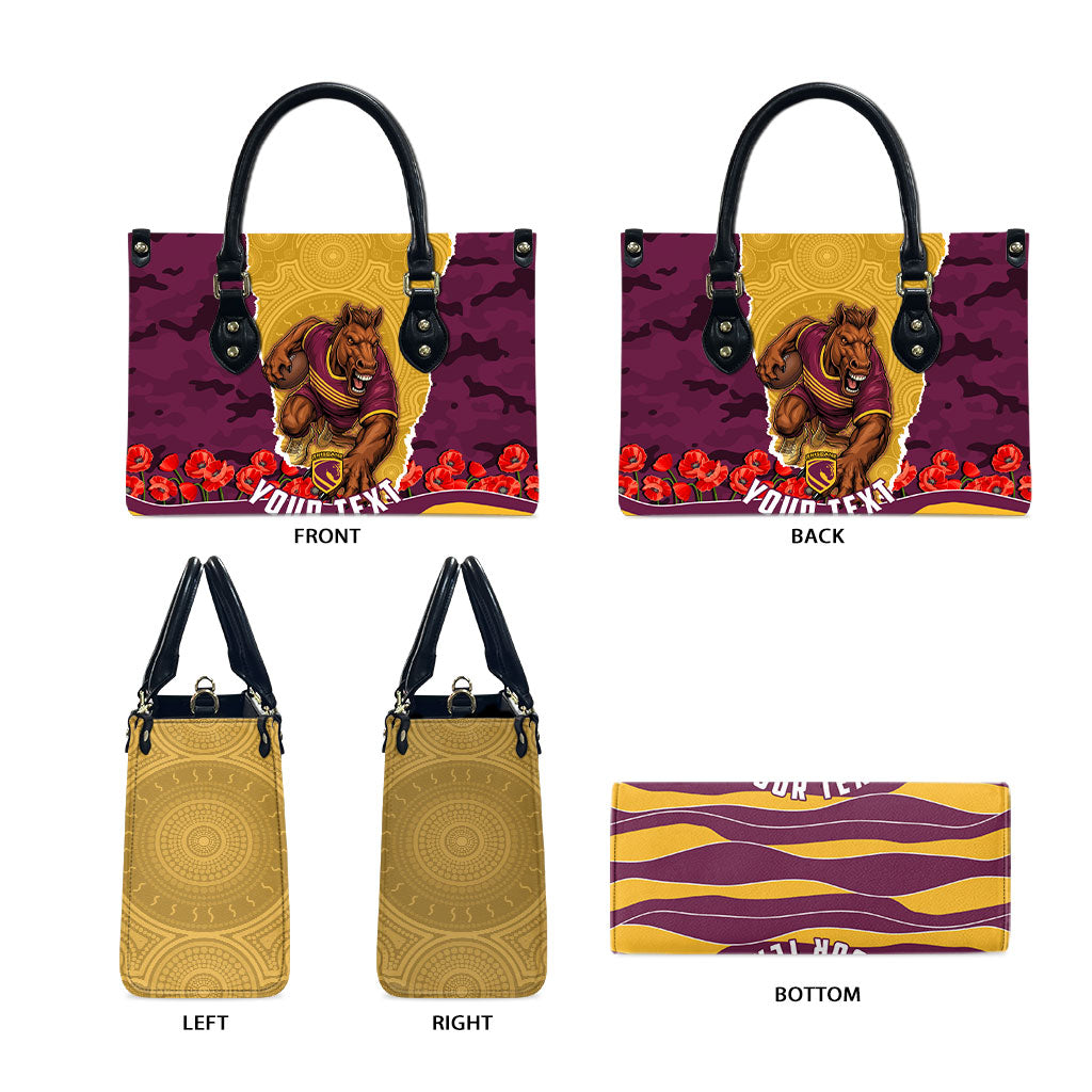 Personalized Brisbane Broncos ANZAC Tribute Leather Bag Poppy Field Soldier Silhouette Aboriginal Rugby Mascot