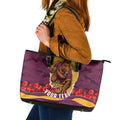 Personalized Brisbane Broncos ANZAC Tribute Leather Tote Bag Poppy Field Soldier Silhouette Aboriginal Rugby Mascot