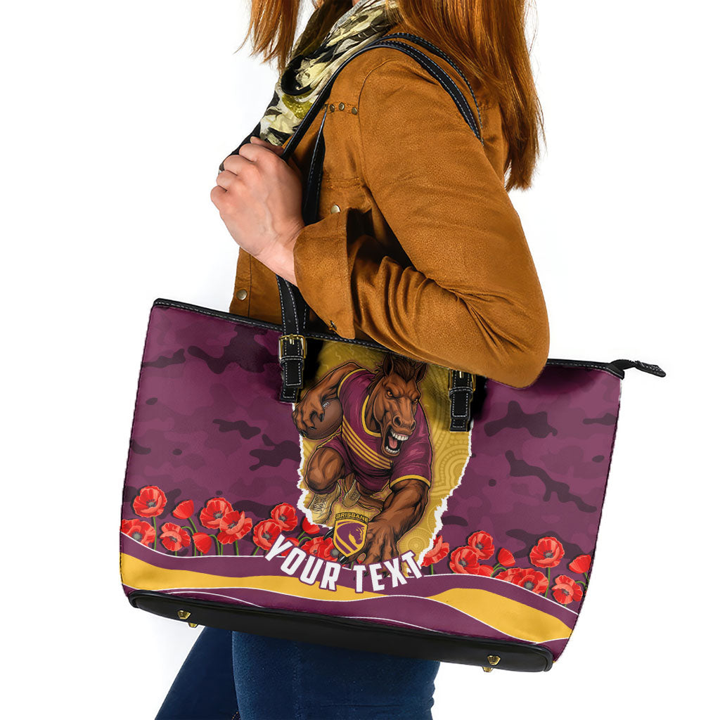 Personalized Brisbane Broncos ANZAC Tribute Leather Tote Bag Poppy Field Soldier Silhouette Aboriginal Rugby Mascot