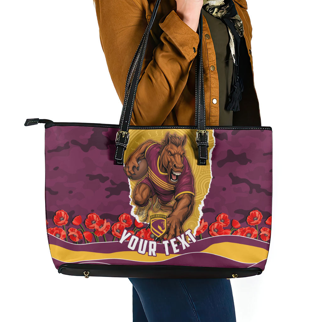 Personalized Brisbane Broncos ANZAC Tribute Leather Tote Bag Poppy Field Soldier Silhouette Aboriginal Rugby Mascot
