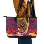 Personalized Brisbane Broncos ANZAC Tribute Leather Tote Bag Poppy Field Soldier Silhouette Aboriginal Rugby Mascot