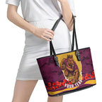 Personalized Brisbane Broncos ANZAC Tribute Leather Tote Bag Poppy Field Soldier Silhouette Aboriginal Rugby Mascot