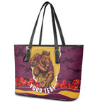 Personalized Brisbane Broncos ANZAC Tribute Leather Tote Bag Poppy Field Soldier Silhouette Aboriginal Rugby Mascot