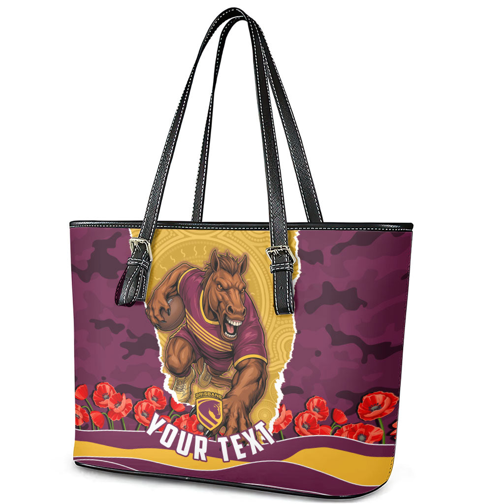 Personalized Brisbane Broncos ANZAC Tribute Leather Tote Bag Poppy Field Soldier Silhouette Aboriginal Rugby Mascot