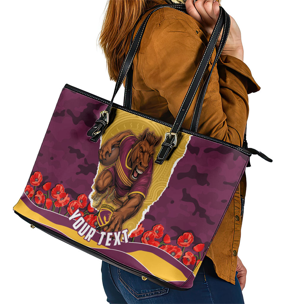 Personalized Brisbane Broncos ANZAC Tribute Leather Tote Bag Poppy Field Soldier Silhouette Aboriginal Rugby Mascot