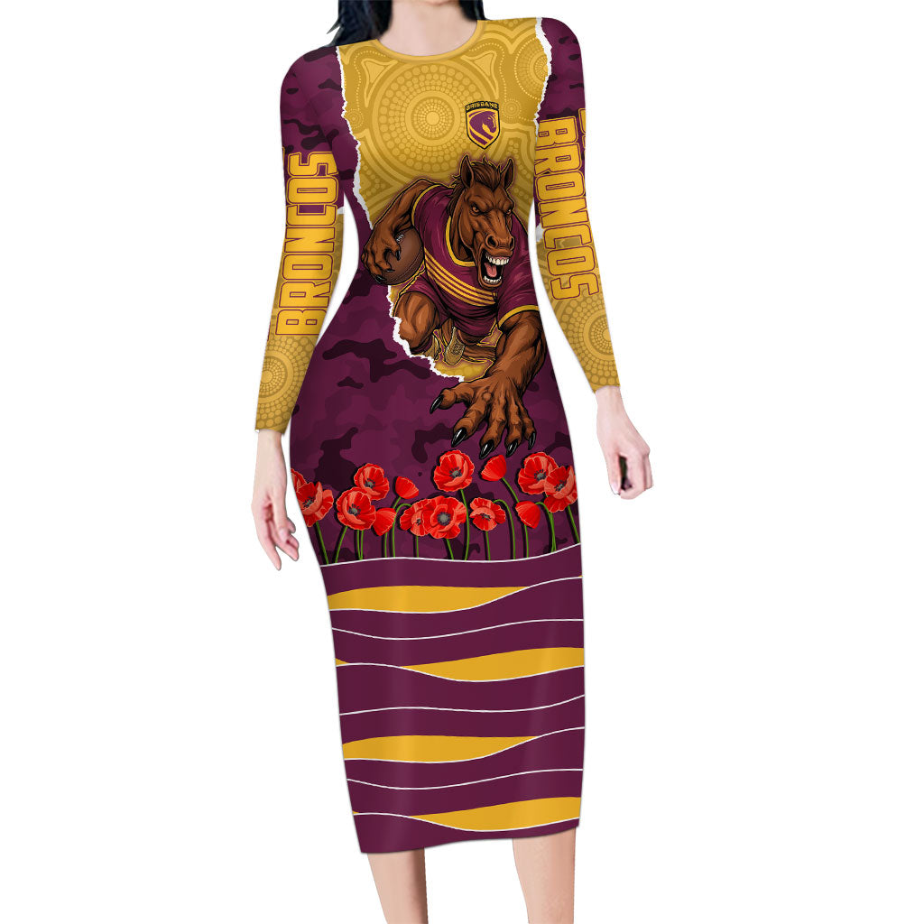 Personalized Brisbane Broncos ANZAC Tribute Long Sleeve Bodycon Dress Poppy Field Soldier Silhouette Aboriginal Rugby Mascot