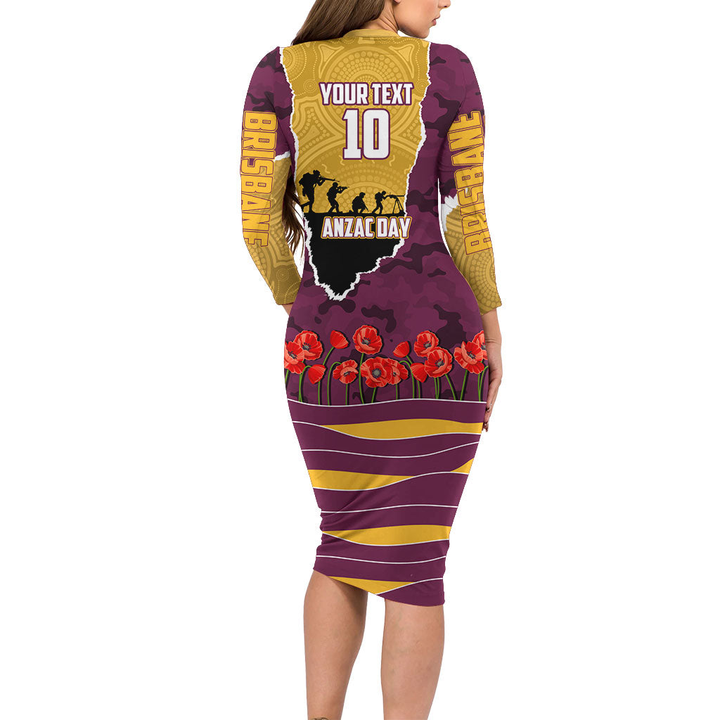Personalized Brisbane Broncos ANZAC Tribute Long Sleeve Bodycon Dress Poppy Field Soldier Silhouette Aboriginal Rugby Mascot
