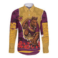 Personalized Brisbane Broncos ANZAC Tribute Long Sleeve Button Shirt Poppy Field Soldier Silhouette Aboriginal Rugby Mascot