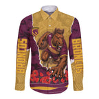 Personalized Brisbane Broncos ANZAC Tribute Long Sleeve Button Shirt Poppy Field Soldier Silhouette Aboriginal Rugby Mascot
