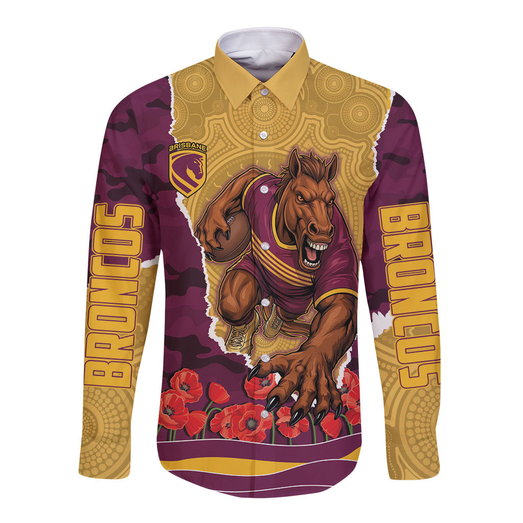 Personalized Brisbane Broncos ANZAC Tribute Long Sleeve Button Shirt Poppy Field Soldier Silhouette Aboriginal Rugby Mascot