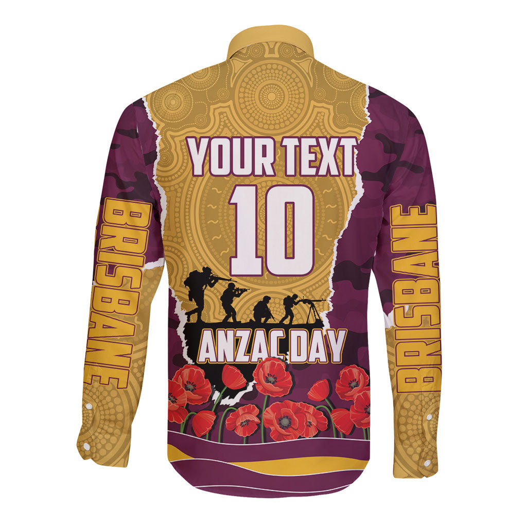 Personalized Brisbane Broncos ANZAC Tribute Long Sleeve Button Shirt Poppy Field Soldier Silhouette Aboriginal Rugby Mascot