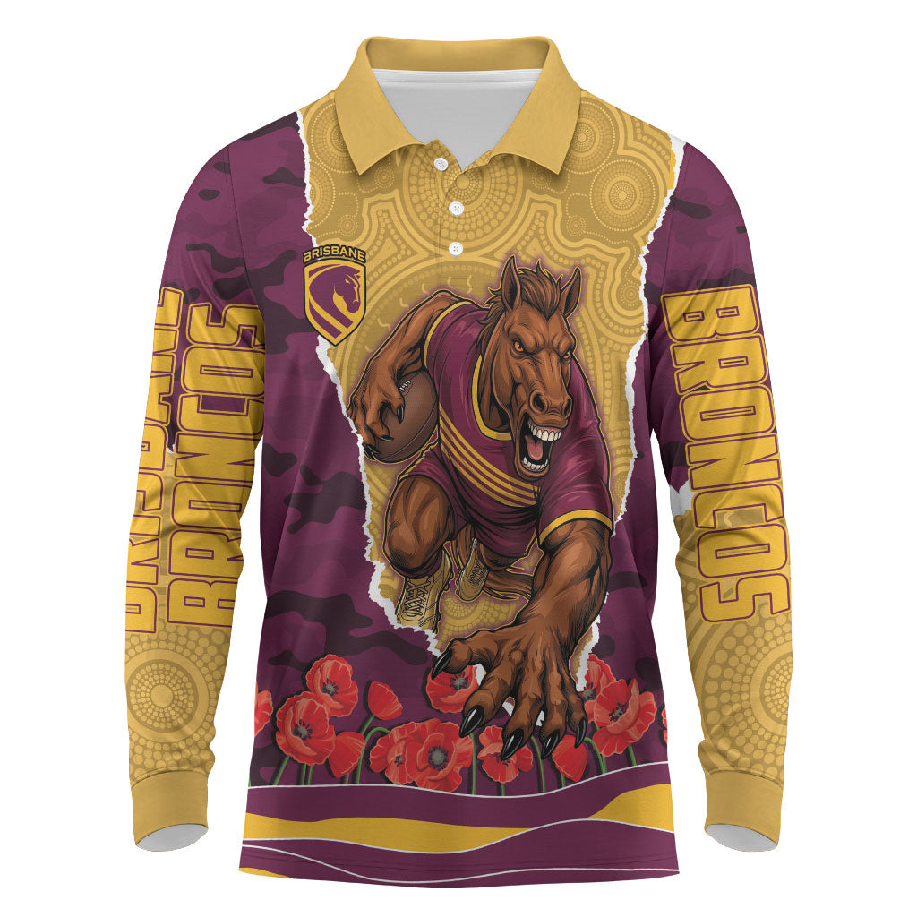 Personalized Brisbane Broncos ANZAC Tribute Long Sleeve Polo Shirt Poppy Field Soldier Silhouette Aboriginal Rugby Mascot