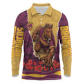 Personalized Brisbane Broncos ANZAC Tribute Long Sleeve Polo Shirt Poppy Field Soldier Silhouette Aboriginal Rugby Mascot