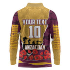 Personalized Brisbane Broncos ANZAC Tribute Long Sleeve Polo Shirt Poppy Field Soldier Silhouette Aboriginal Rugby Mascot