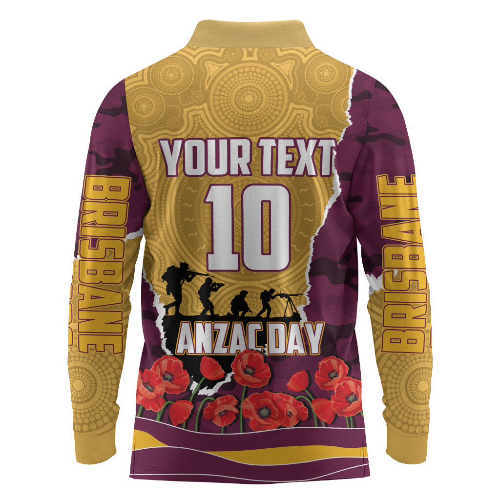 Personalized Brisbane Broncos ANZAC Tribute Long Sleeve Polo Shirt Poppy Field Soldier Silhouette Aboriginal Rugby Mascot