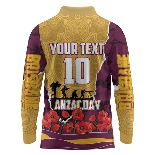Personalized Brisbane Broncos ANZAC Tribute Long Sleeve Polo Shirt Poppy Field Soldier Silhouette Aboriginal Rugby Mascot