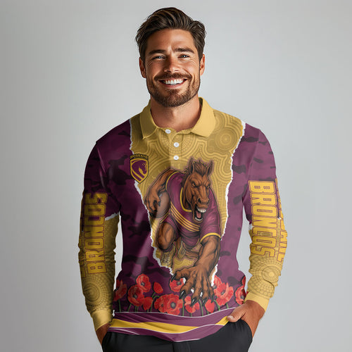 Personalized Brisbane Broncos ANZAC Tribute Long Sleeve Polo Shirt Poppy Field Soldier Silhouette Aboriginal Rugby Mascot