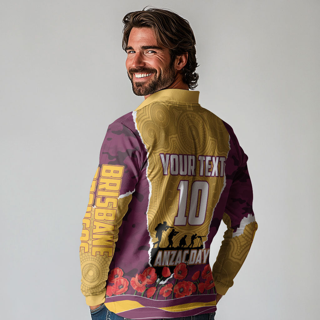 Personalized Brisbane Broncos ANZAC Tribute Long Sleeve Polo Shirt Poppy Field Soldier Silhouette Aboriginal Rugby Mascot
