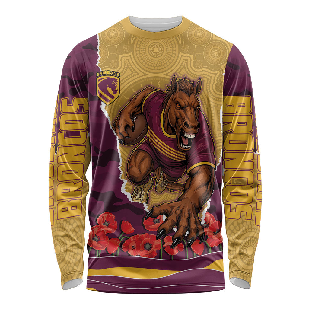 Personalized Brisbane Broncos ANZAC Tribute Long Sleeve Shirt Poppy Field Soldier Silhouette Aboriginal Rugby Mascot