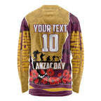 Personalized Brisbane Broncos ANZAC Tribute Long Sleeve Shirt Poppy Field Soldier Silhouette Aboriginal Rugby Mascot