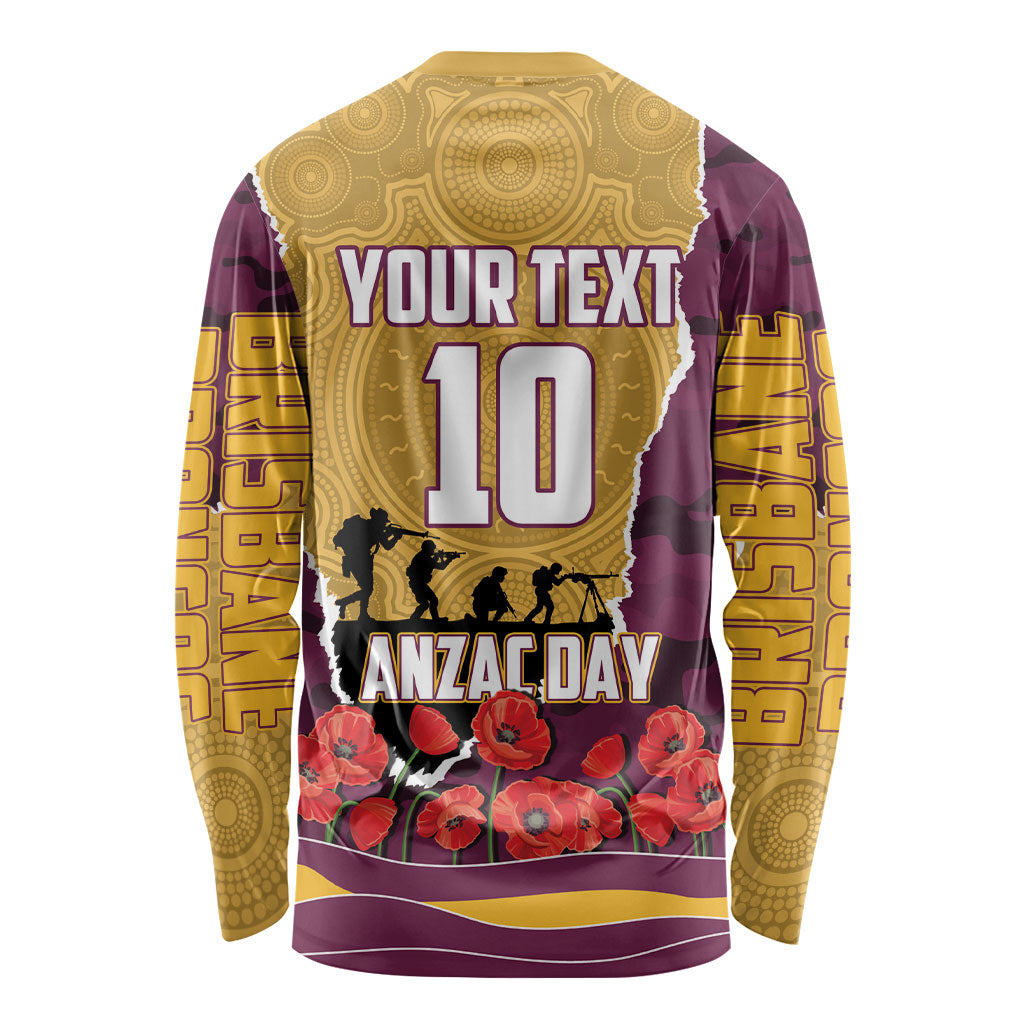 Personalized Brisbane Broncos ANZAC Tribute Long Sleeve Shirt Poppy Field Soldier Silhouette Aboriginal Rugby Mascot