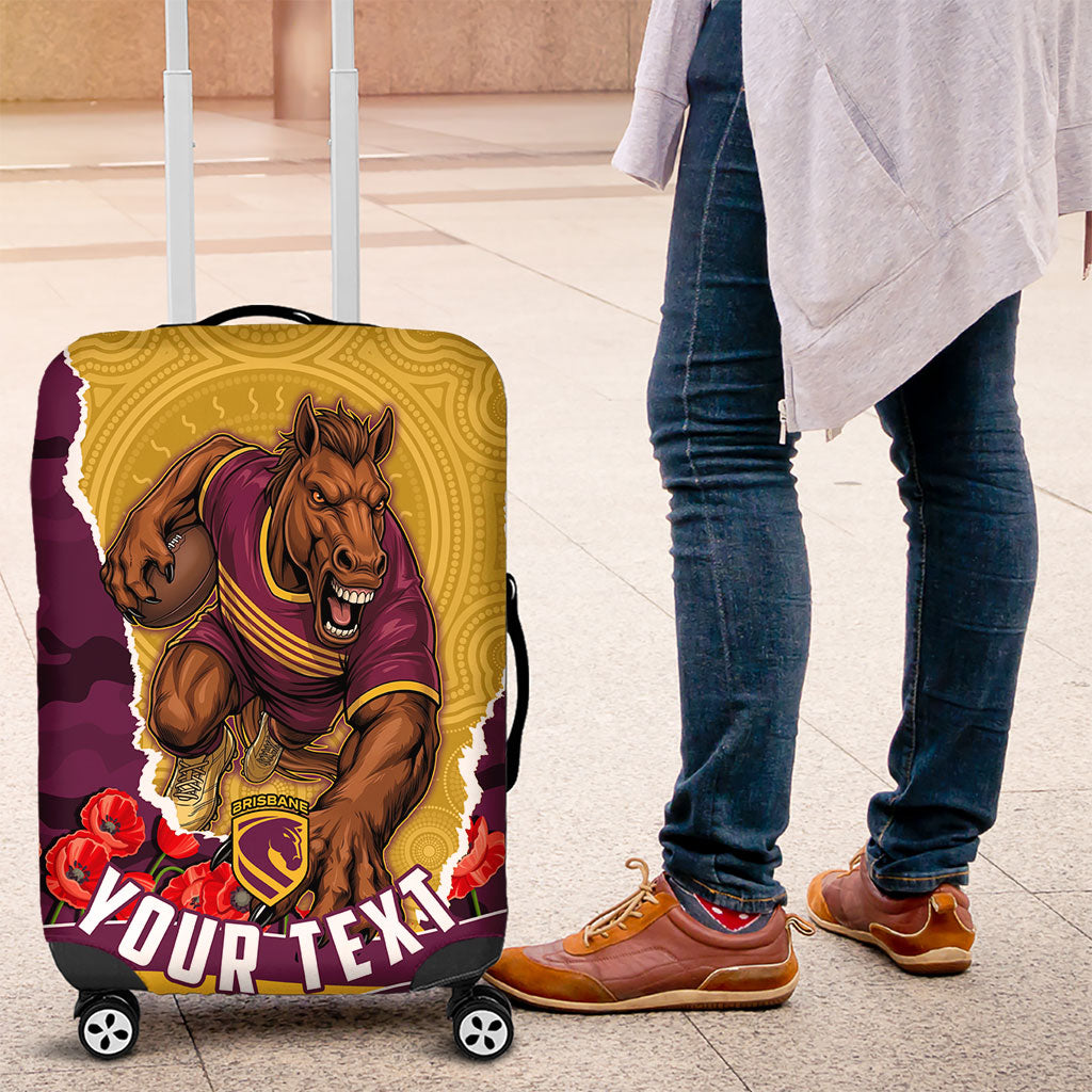 Personalized Brisbane Broncos ANZAC Tribute Luggage Cover Poppy Field Soldier Silhouette Aboriginal Rugby Mascot