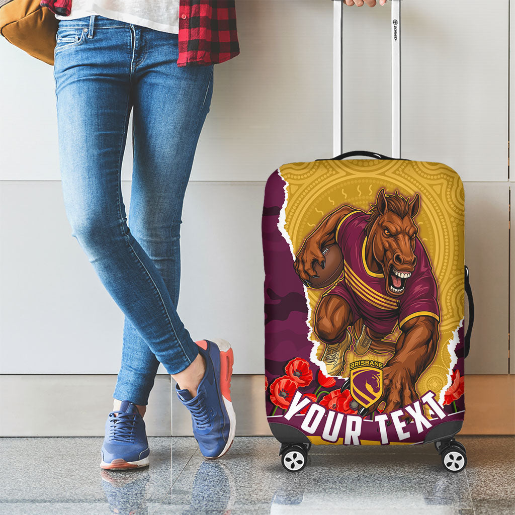 Personalized Brisbane Broncos ANZAC Tribute Luggage Cover Poppy Field Soldier Silhouette Aboriginal Rugby Mascot