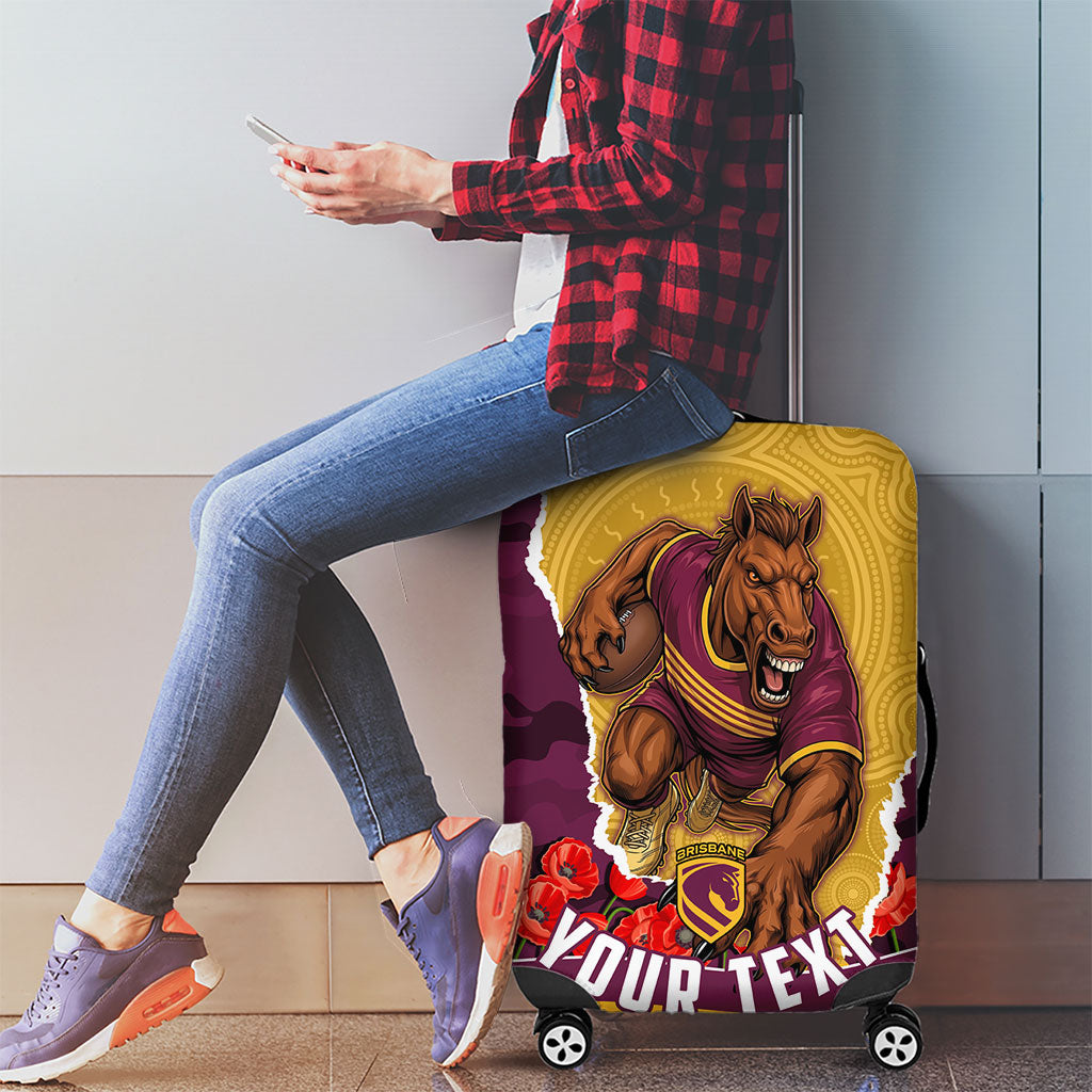 Personalized Brisbane Broncos ANZAC Tribute Luggage Cover Poppy Field Soldier Silhouette Aboriginal Rugby Mascot