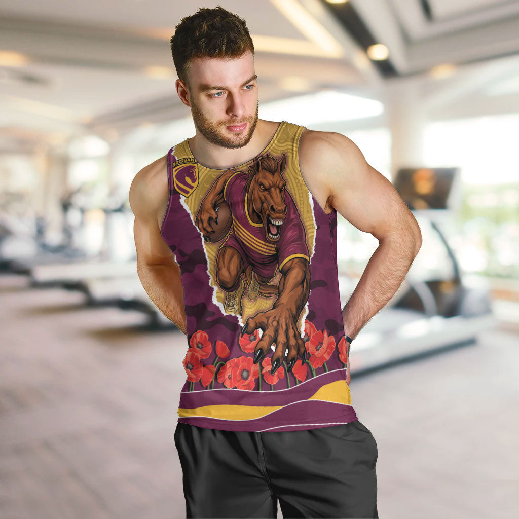 Personalized Brisbane Broncos ANZAC Tribute Men Tank Top Poppy Field Soldier Silhouette Aboriginal Rugby Mascot