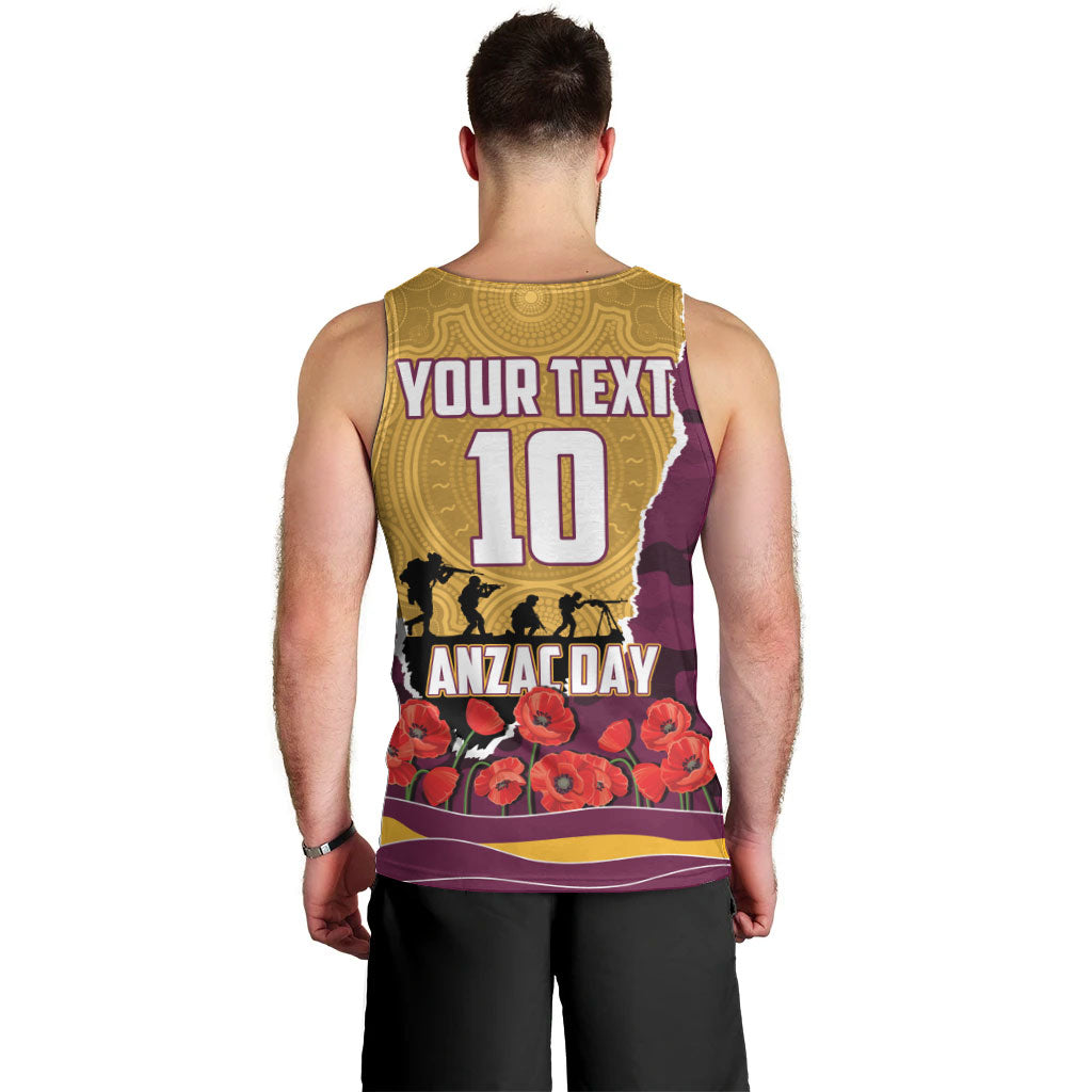 Personalized Brisbane Broncos ANZAC Tribute Men Tank Top Poppy Field Soldier Silhouette Aboriginal Rugby Mascot