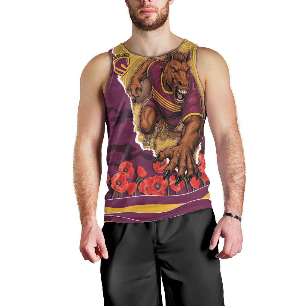 Personalized Brisbane Broncos ANZAC Tribute Men Tank Top Poppy Field Soldier Silhouette Aboriginal Rugby Mascot