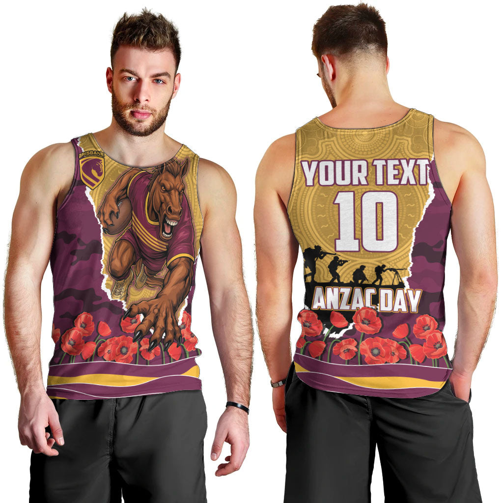 Personalized Brisbane Broncos ANZAC Tribute Men Tank Top Poppy Field Soldier Silhouette Aboriginal Rugby Mascot