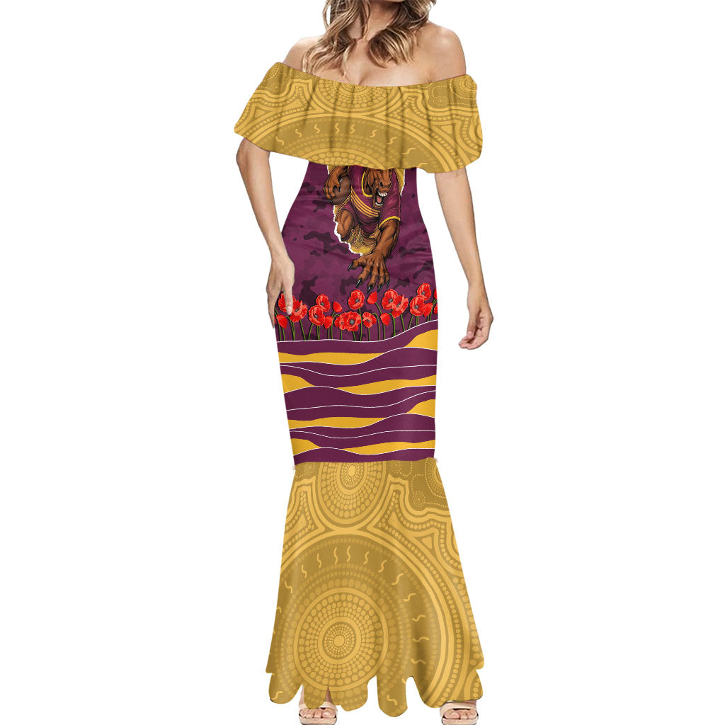Personalized Brisbane Broncos ANZAC Tribute Mermaid Dress Poppy Field Soldier Silhouette Aboriginal Rugby Mascot