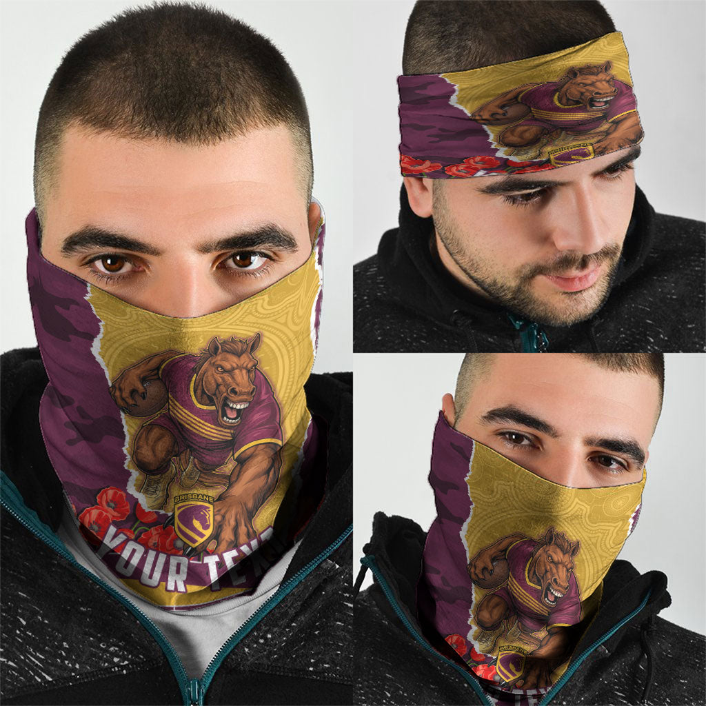 Personalized Brisbane Broncos ANZAC Tribute Neck Gaiter Poppy Field Soldier Silhouette Aboriginal Rugby Mascot