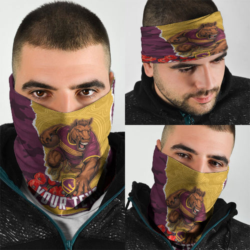 Personalized Brisbane Broncos ANZAC Tribute Neck Gaiter Poppy Field Soldier Silhouette Aboriginal Rugby Mascot