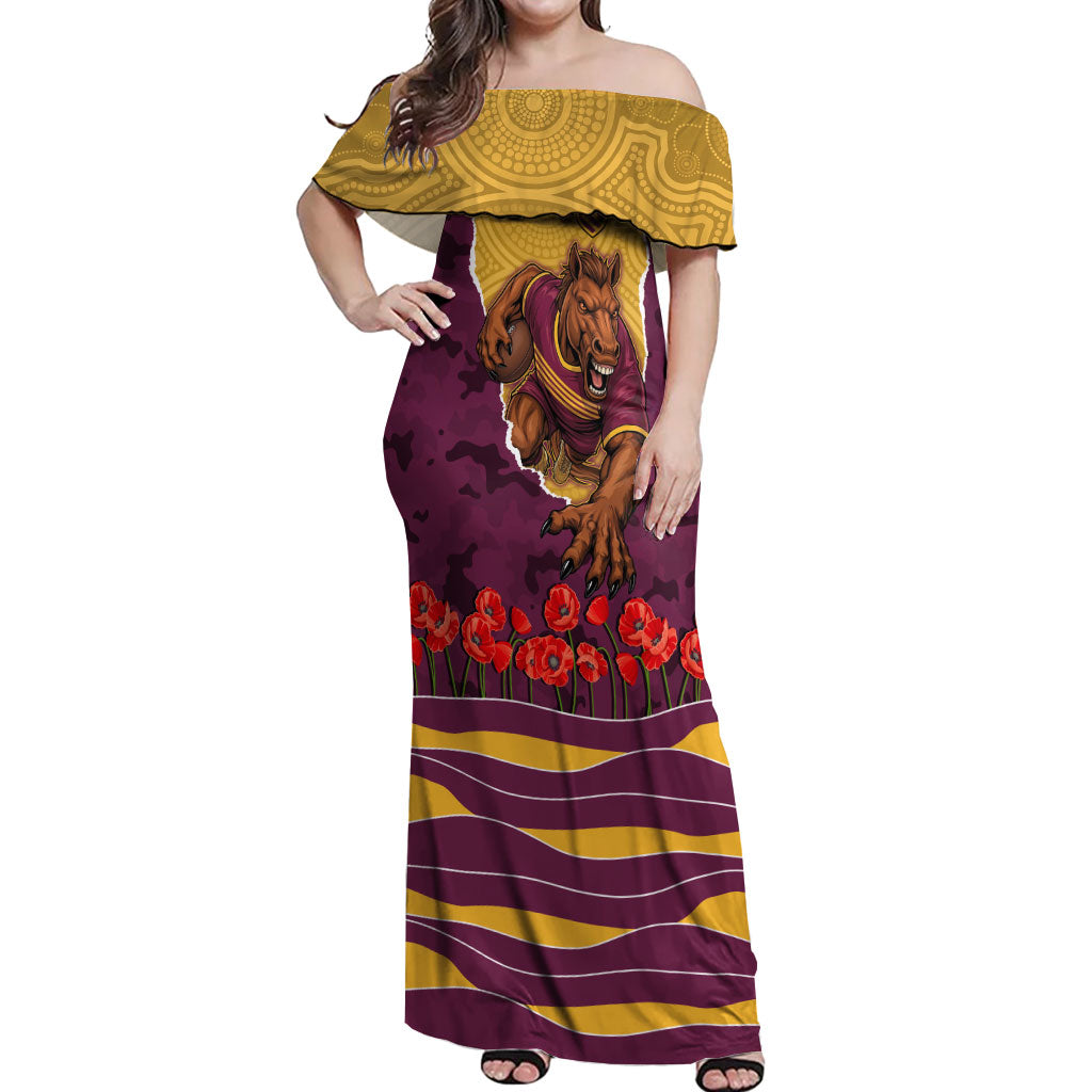 Personalized Brisbane Broncos ANZAC Tribute Off Shoulder Maxi Dress Poppy Field Soldier Silhouette Aboriginal Rugby Mascot