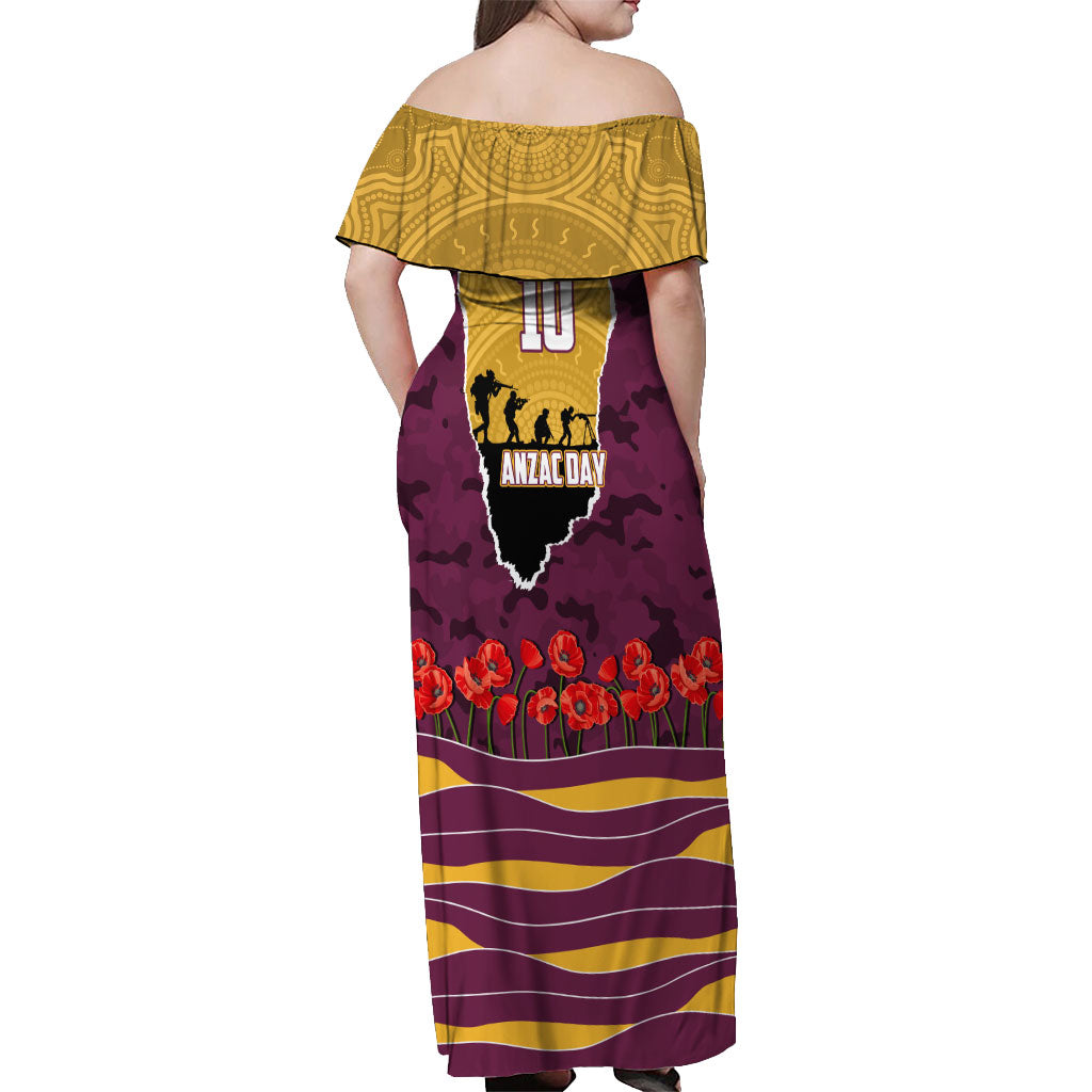 Personalized Brisbane Broncos ANZAC Tribute Off Shoulder Maxi Dress Poppy Field Soldier Silhouette Aboriginal Rugby Mascot