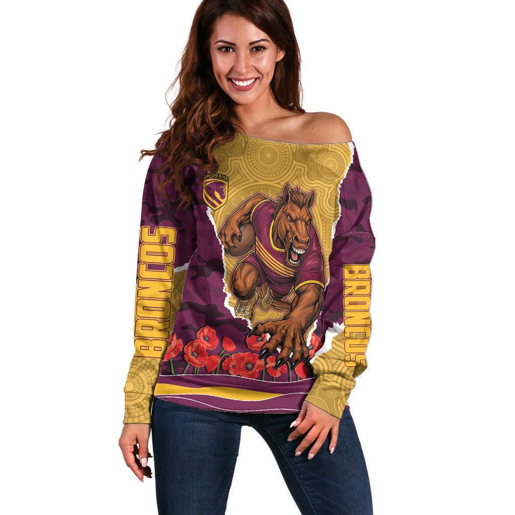 Personalized Brisbane Broncos ANZAC Tribute Off Shoulder Sweater Poppy Field Soldier Silhouette Aboriginal Rugby Mascot