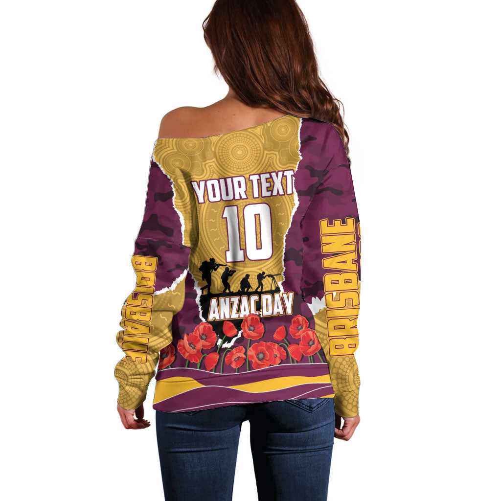 Personalized Brisbane Broncos ANZAC Tribute Off Shoulder Sweater Poppy Field Soldier Silhouette Aboriginal Rugby Mascot