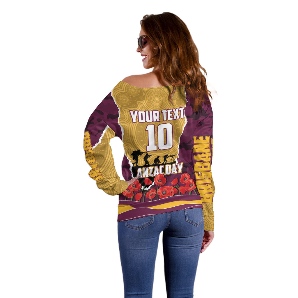 Personalized Brisbane Broncos ANZAC Tribute Off Shoulder Sweater Poppy Field Soldier Silhouette Aboriginal Rugby Mascot