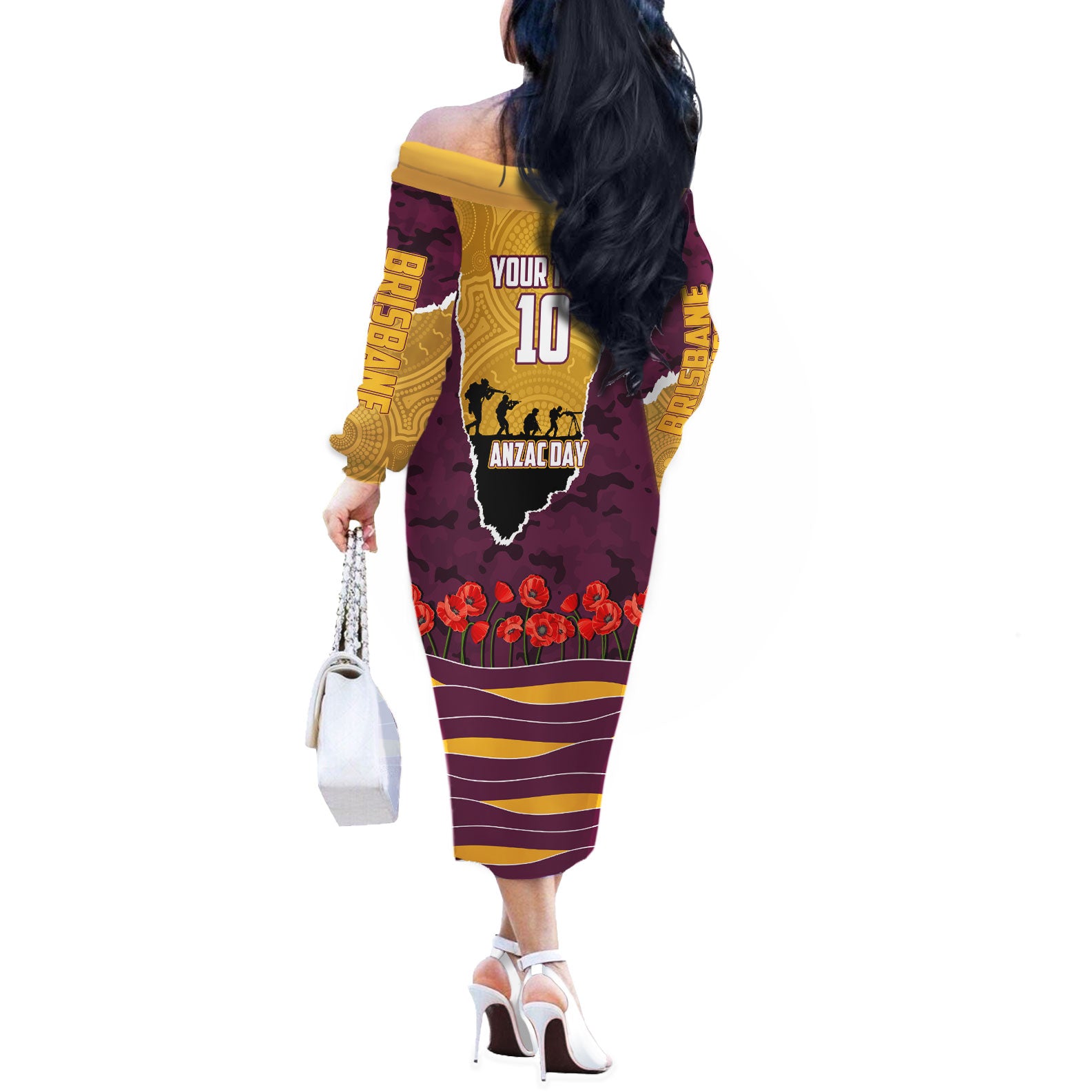 Personalized Brisbane Broncos ANZAC Tribute Off The Shoulder Long Sleeve Dress Poppy Field Soldier Silhouette Aboriginal Rugby Mascot