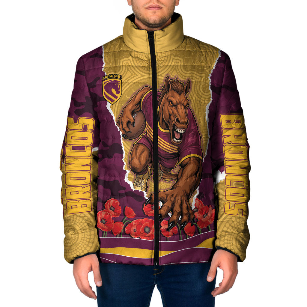 Personalized Brisbane Broncos ANZAC Tribute Padded Jacket Poppy Field Soldier Silhouette Aboriginal Rugby Mascot