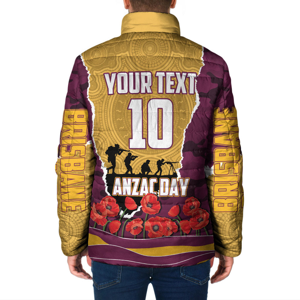 Personalized Brisbane Broncos ANZAC Tribute Padded Jacket Poppy Field Soldier Silhouette Aboriginal Rugby Mascot