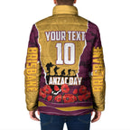 Personalized Brisbane Broncos ANZAC Tribute Padded Jacket Poppy Field Soldier Silhouette Aboriginal Rugby Mascot