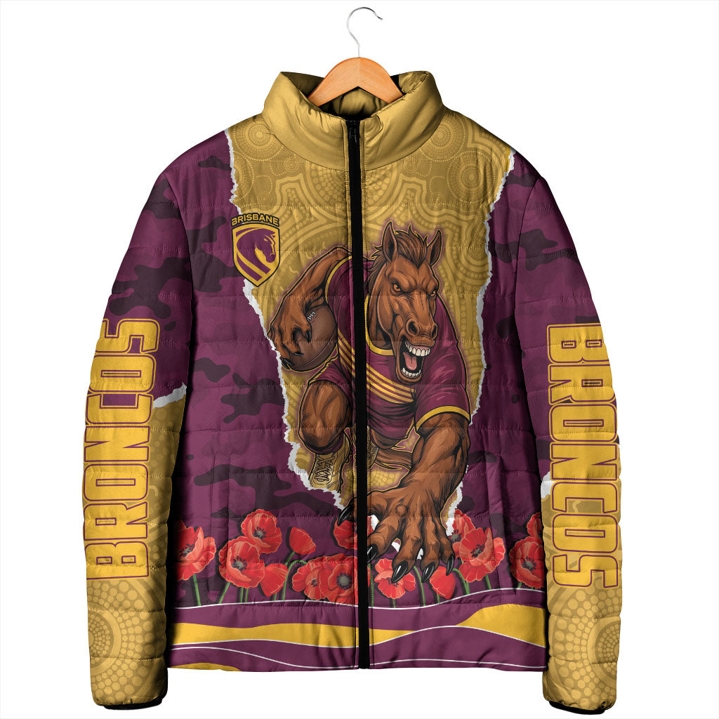 Personalized Brisbane Broncos ANZAC Tribute Padded Jacket Poppy Field Soldier Silhouette Aboriginal Rugby Mascot
