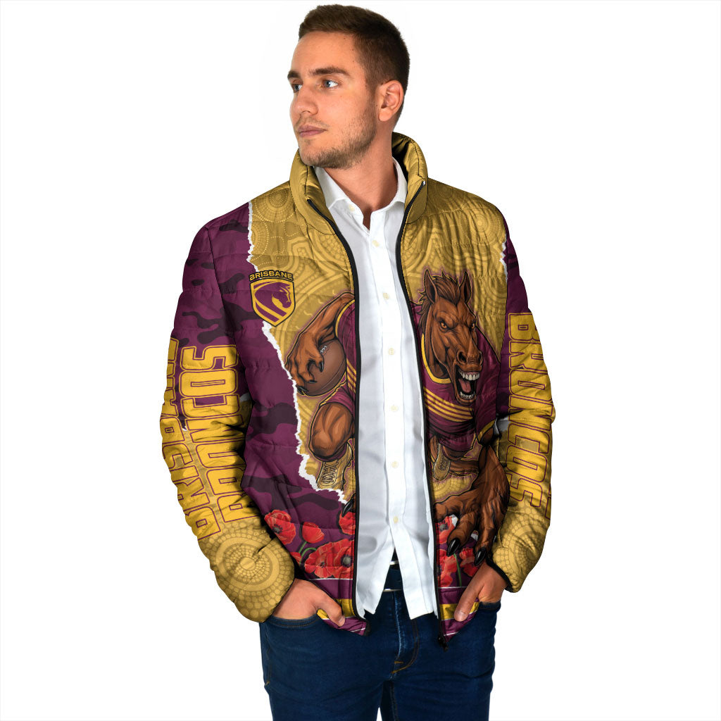 Personalized Brisbane Broncos ANZAC Tribute Padded Jacket Poppy Field Soldier Silhouette Aboriginal Rugby Mascot